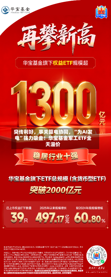 突传利好，事关算电协同，“为AI发电”强力吸金！华宝基金军工ETF全天溢价