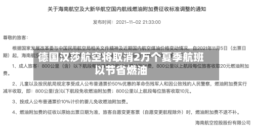 德国汉莎航空将取消2万个夏季航班以节省燃油