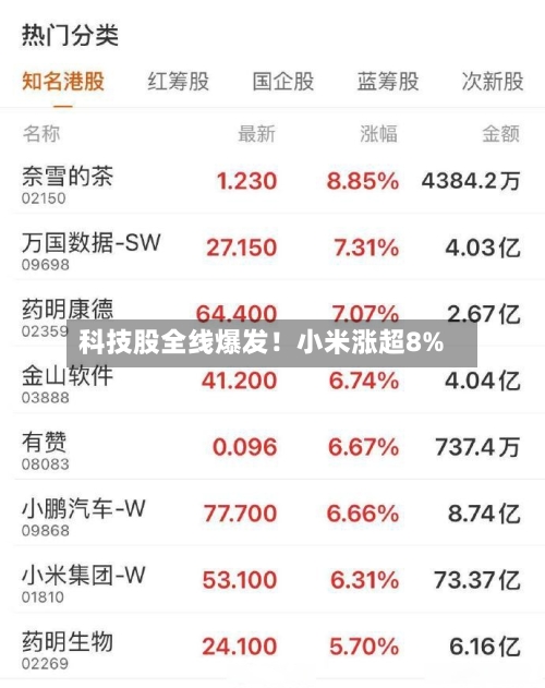 科技股全线爆发！小米涨超8%